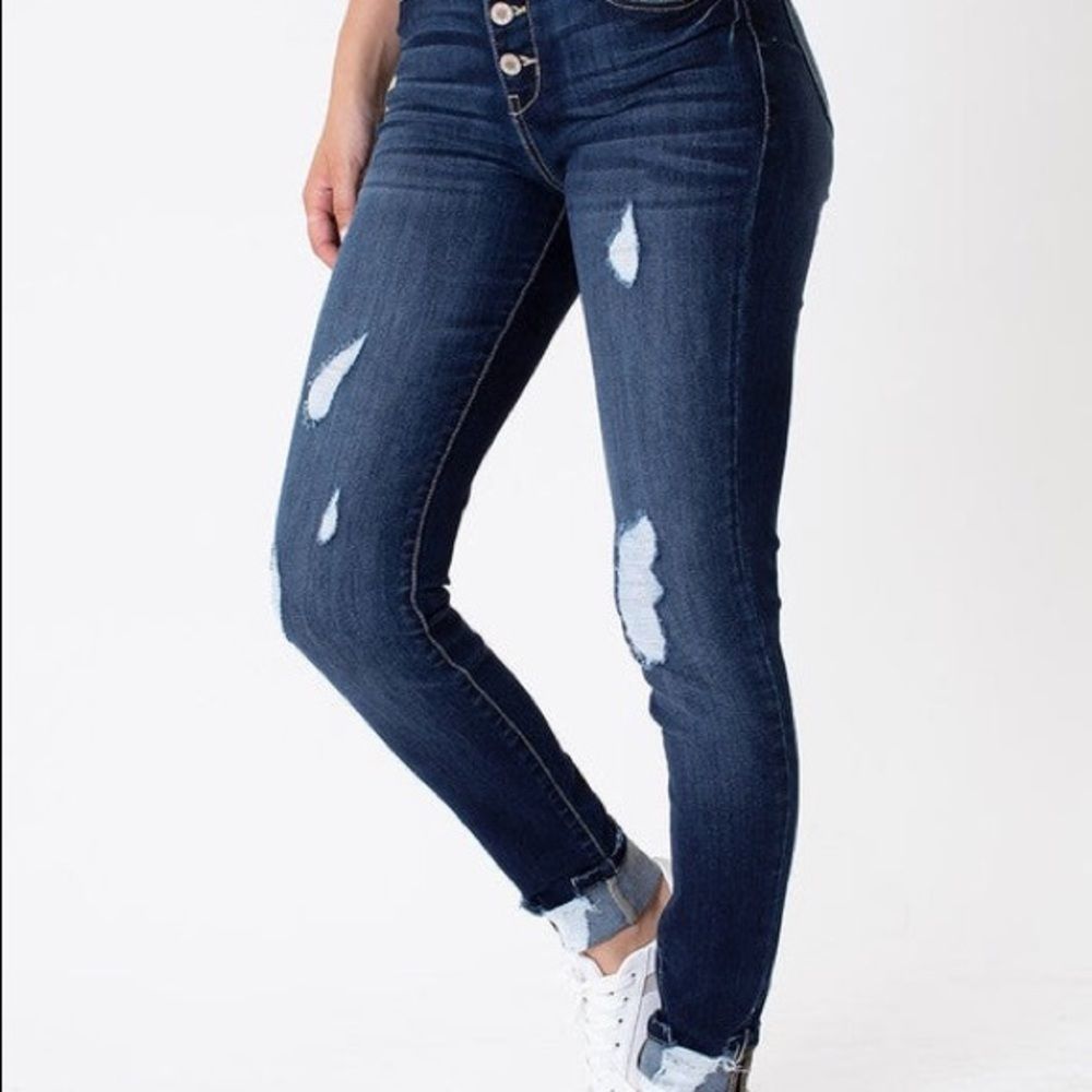 Kancan Dark Distressed Denim with Button Fly